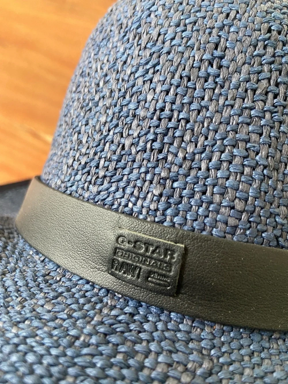 G-Star blue straw fedora hat derlil womens hat vegan leather strap OSFM